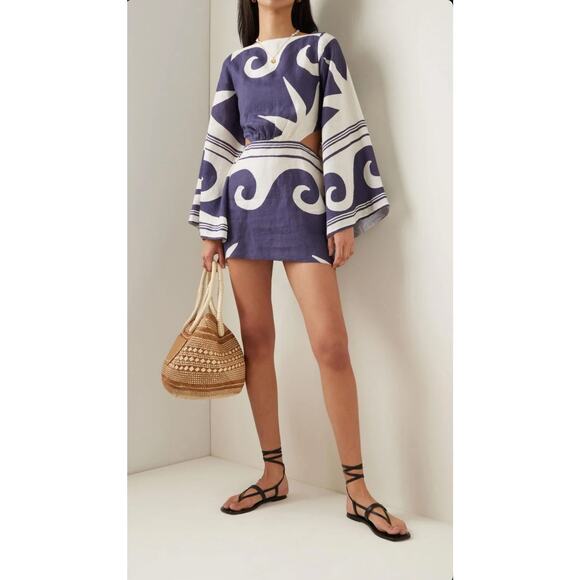 Johanna Ortiz Wave After Wave Organic Linen Mini Dress Midnight Blue Size XL - Picture 3 of 14